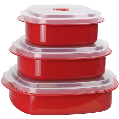 Reston Lloyd Nesting Microwave Containers, Set of 3, Adjustable Steam Vents, Airtight, Meal Prep, Durable BPA-Free Plastic- Freezer & Dishwasher Safe, Cookware & Food Storage, Anyday Cookware, Red