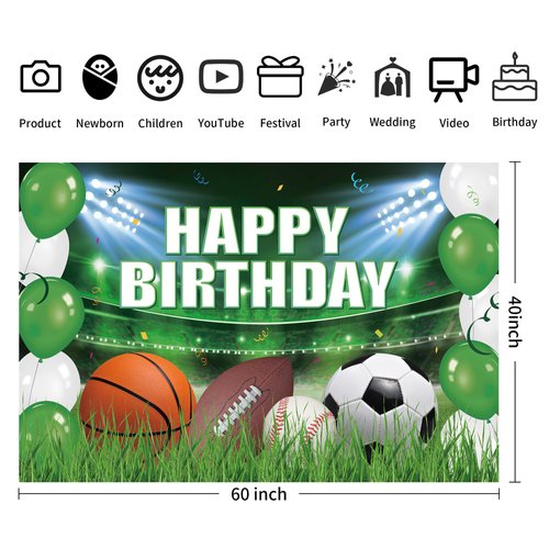 Xigejob Sports Theme Birthday Party Supplies Backdrop - Sports Party Background Banner Decorations, Sports Theme Soccer Basketball Baseball Football Birthday Photography Backdrop (5x3ft)