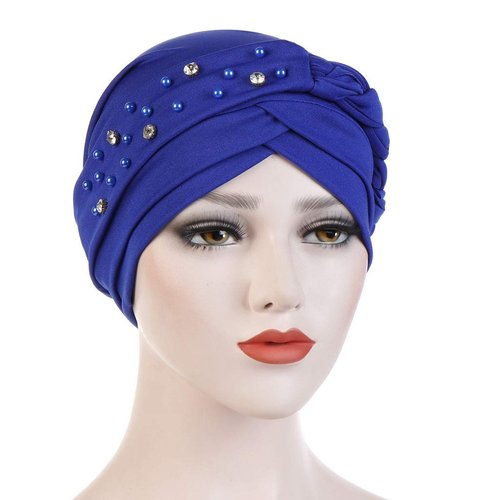beauty YFJH Women Hijab Beading Pre-Tied Twisted Braid Turban Hat Head Scarf Cancer Chemo Beanies Headwear Headwrap Cap (Blue)