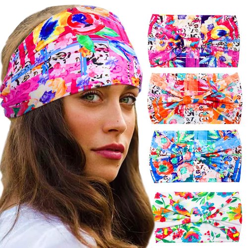 Urieo 4 Pcs Boho Wide Head Band Floral Printed Hairband Stretchy Colorful Turban Headbands Yoga Sports for Women