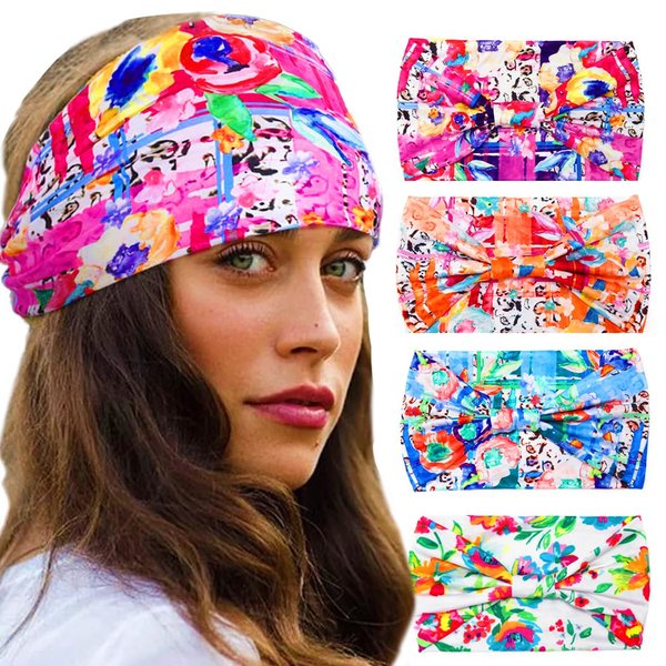 Urieo 4 Pcs Boho Wide Head Band Floral Printed Hairband Stretchy Colorful Turban Headbands Yoga Sports for Women