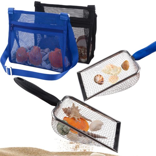 U-Zimikee Beach Mesh Shovel with Mesh Beach Bag Shell Bags for Picking Up Shells, Sand Sifter Kids Filter Sand Scooper for Shells Collecting, Shark Teeth Sifter Dipper for Kids (Black+ Deep Blue)