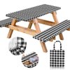 RNOONY Vinyl Fitted Picnic Table Cover with Bench Covers and Bag, 6ft Outdoor Waterproof Windproof Picnic Tablecloth with Elastic Edges. Camping RV Gear Must Have 72x30 Inches 3 Pcs Set (Black)