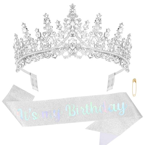 ACO-UINT Silver Birthday Crown for Women, Birthday Headband It's My Birthday Sash Birthday Tiara, Birthday Girl Crown Birthday Queen Tiara Happy Birthday Decorations Gifts