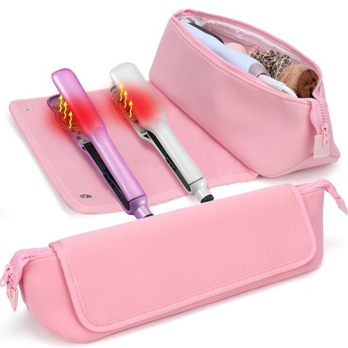 WINZEDGE Heat Resistant Mat Travel Bag, Neoprene Curling Iron Mat Holder for Flat Irons, Straighteners, Curling Iron, Hot Hair Styling Tools, Haircare Accessories, Pink, 18x4 inches