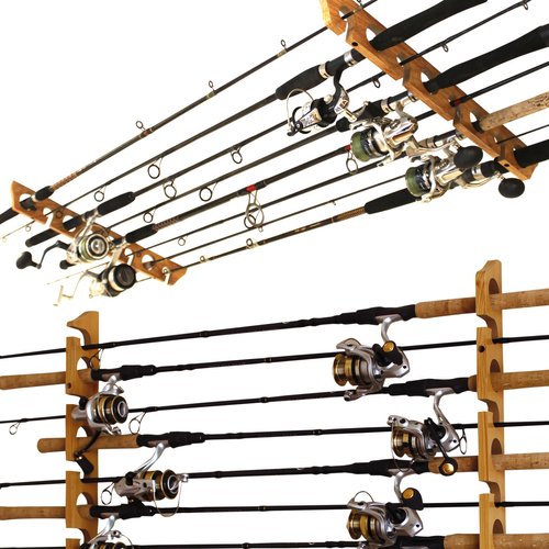 Rush Creek Creations 8-Rod Wall or Ceiling Fishing Rod Storage Rack, Vertical or Horizontal Fishing Rod Holder with 8 Rod Capacity, American Cherry
