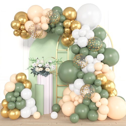 Amandir 153pcs Sage Green Balloon Garland Arch Kit, Different Sizes 18 12 10 5 inch Green Blush Gold Latex Metallic Confetti Gold Balloons for Birthday Baby Shower Wedding Safari Forest Decorations