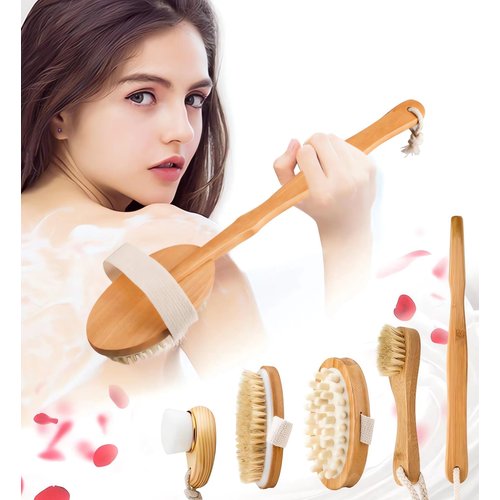 Premium Dry Brushing Body Brush Set for Lymphatic Drainage and Cellulite Treatment, Natural Boar Bristle Body Brush, Long Handle Body Brush, Face Cleansing Brush,Great Gift for A Glowing Skin, 5 Pack