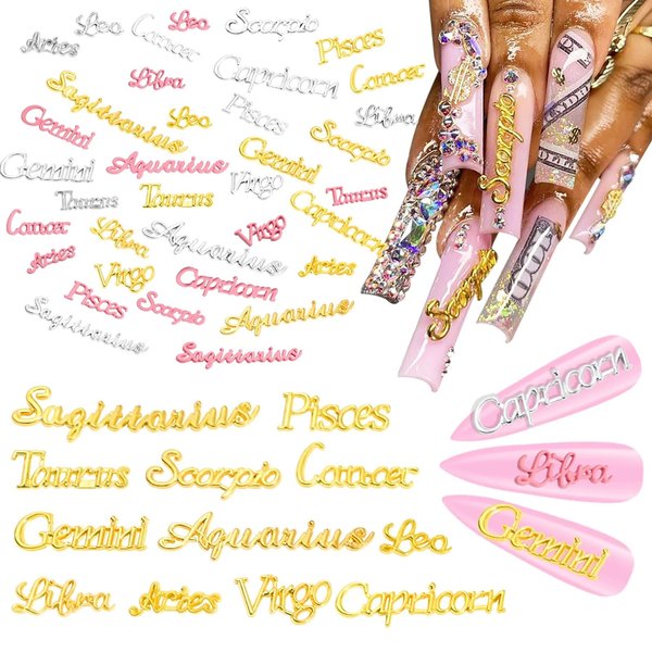 HYWWPFLAY 36pcs Zodiac Letter Nail Charms Jewels 12 Constellation Nail Charms Decor Zodiac Signs Nails Design Studs Alloy Nail Art Decoration for DIY Craft Accessories for Home&Salon