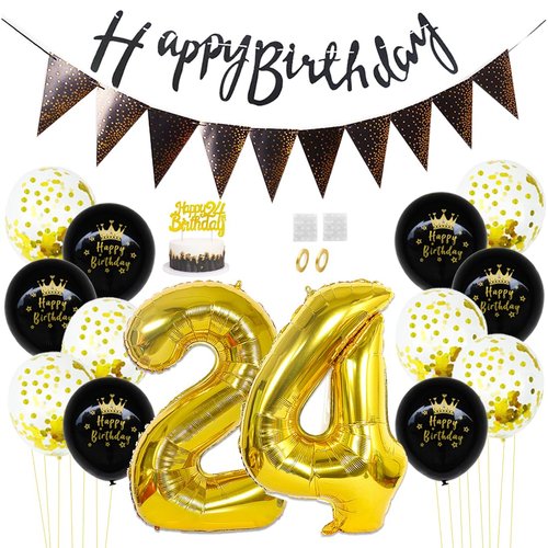 Daimay 24th Birthday Party Decorations Gold Black Happy Birthday Latex Confetti Balloons Triangle Flag Banner Number 24 Foil Balloon Cake Topper for Men Women Anniversary Birthday Party Supplies