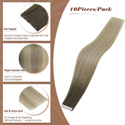 Full Shine Ombre Injected Tape in Hair Extensions Blonde and Brown Balayage Machine Virgin Tape in Extensions Human Hair 22Inch Seamless Injection Tape in Human Hair Extensions 25Gram 10Pcs