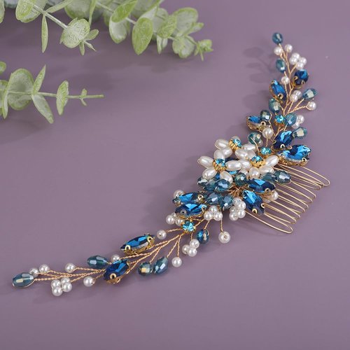 Rumtock Blue Rhinestones Beads Pearl Flower Long Hair Comb for Women Girls Wedding Bridal Boho Hair Piece Hair Styling Jewelry (Lake)