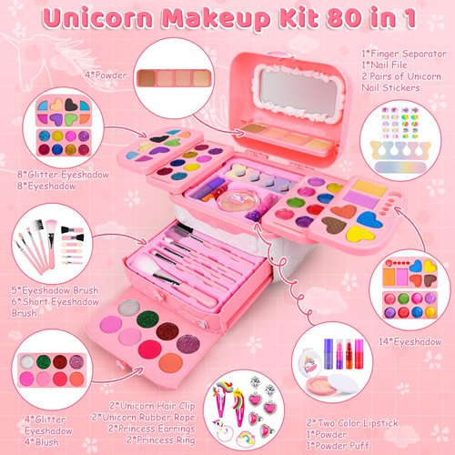 Auney 80 PCS Kids Makeup Kit for Girls 5 6 7 8 Years Old, Unicorn Girls Toy for Little Girls Birthday, Princess Dolls Dress Up Toy for Performance Dance Show Role Play Party