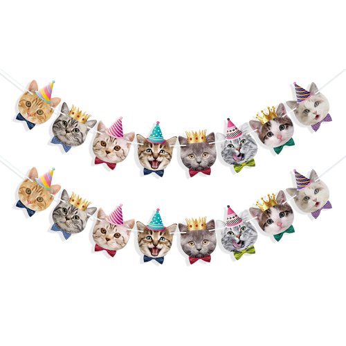 Uniwish Cat Faces Banner Garland Cat Birthday Decorations Cat Themed Birthday Party Supplies for Boys Girls Kitten Baby Shower Pet Adoption Party Favors