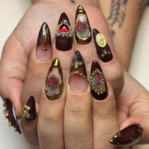 IMSOHOT Almond Press on Nails Medium Brown Fake Nails with Vintage Golden Charms Designs Glossy Glue on Nails Full Cover Gel Acrylic Stiletto False Nails for Women 24Pcs