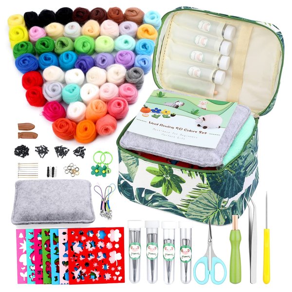 Needle Felting Starter Kit with Exquisite Green Storage Bag, Wool Roving 50 Colors Set, Felting Tools Kit for Felted Animal Needle Felting Supplies