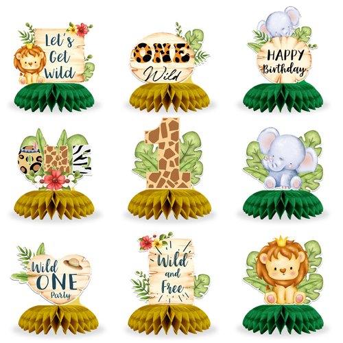 Safari Jungle Animal Honeycomb Centerpieces Wild One Baby Shower Decorations Jungle Safari Table Centerpieces Decorations One Birthday Party Supplies Sign, 9 Pcs