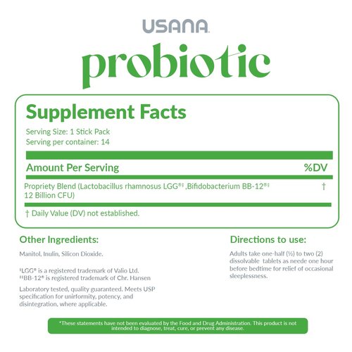 USANA Probiotic Supplement to Support Digestive Health* – Gluten Free – Sugar Free – Dairy Free - 14 Stick Packs