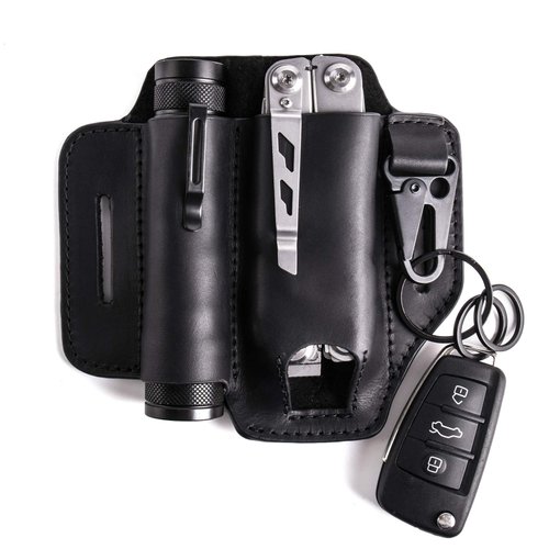 Gentlestache Leather Sheath for Leatherman Multitool Sheath EDC Pocket Organizer with Key Holder for Belt and Flashlight Sheath Multitool Pouch Black Color