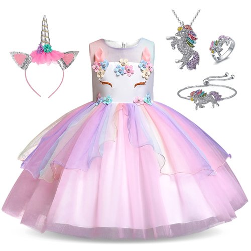 Unicorn Princess Dress Up Clothes for Little Girls – Costume, Jewelry and Headband (6-7 Years, Unicorn Princess 1)