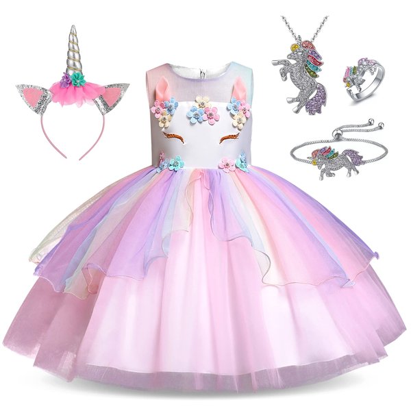 Unicorn Princess Dress Up Clothes for Little Girls – Costume, Jewelry and Headband (6-7 Years, Unicorn Princess 1)