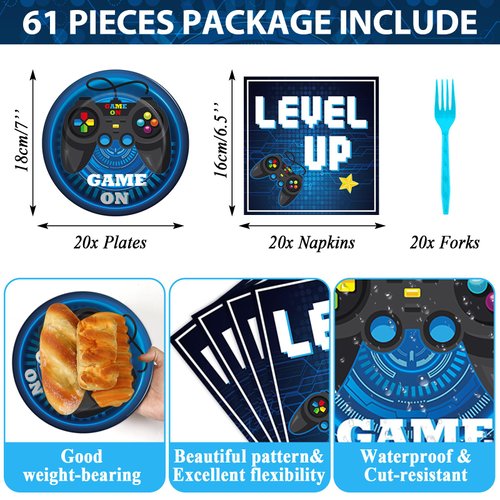gisgfim Video Game Party Supplies Tableware Set for 20 Guests Gaming Party Birthday Plates Blue Gamer Party Decorations Includes 7inch Plates, Napkins, Tablecloth