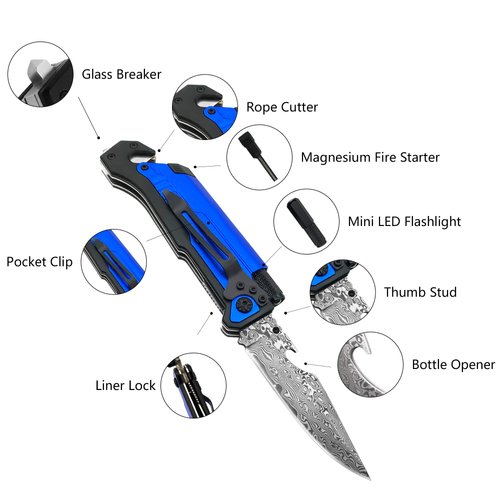 ALBATROSS 6-in-1 Modern Damascus Steel Folding Pocket Knives with LED Light,Seatbelt Cutter,Glass Breaker,Magnesium Fire Starter,Bottle Opener;Multi-Function Emergency Tool(Blue)