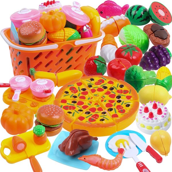 DigHeath Pretend Play Food Set,Kitchen Cutting Toys,BPA Free Plastic Fruits & Vegetables for Kids with Realistic Basket,Knife and Chopping Board,Best Children Educational Play Set