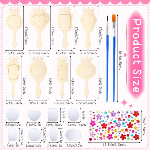 RoundFunny 24 Pack Wooden Mirror Craft for Girls DIY Decorate You Own Princess Mirrors Wooden Hand Mirror Small Mirrors for Crafts Paint Princess Party Decorations Birthday Supplies Favors