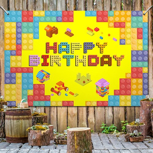Colorful Building Blocks Birthday Banner Backdrop Build blocks Theme Background Bday Decorations for Boys Girls Kids Photography Party Sign Decor Supplies