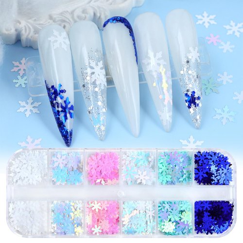 Tyuimhx 12 Grids Christmas Nail Art Glitter Sequins 3D Holographic Winter Snowflake Nail Art Glitter Flakes White Blue Pink Green Snowflake Designs Xmas Nail Decorations for Acrylic Nails Supplies
