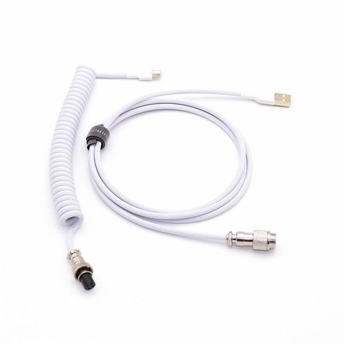 Angitu L Shape Single Sleeved PET Coiled Type C Cable for Mechanical Keyboard Coiling Spring Sprial Cable with GX12 Aviator (1.5M+0.2M, White)