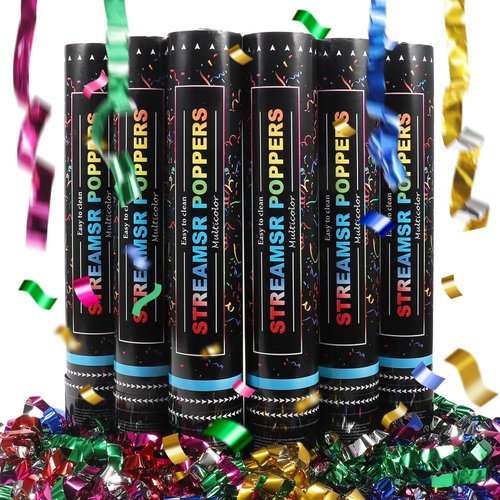 6Pack Streamer Confetti Cannon,12 Inch Multicolor Streamers Confetti Poppers,Launches 20-25FT,Party Poppers for Graduation, Christmas Eve and New Year,Birthday,Wedding((Multicolor,6Pack)