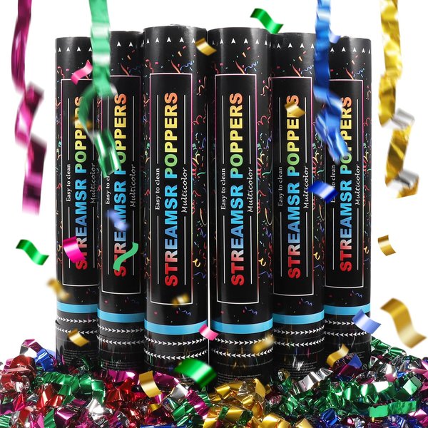 6Pack Streamer Confetti Cannon,12 Inch Multicolor Streamers Confetti Poppers,Launches 20-25FT,Party Poppers for Graduation, Christmas Eve and New Year,Birthday,Wedding((Multicolor,6Pack)