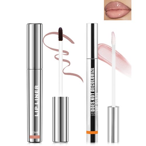 Peel Off Lip Liner Stain, Long Lasting Stay Waterproof Lip Tint Stain Peel Off, Brown Lip Liner Tattoo and Clear Glitter Lip Gloss Combo, Non-Stick Cup Nourishing Shimmer Lip Oil Lipstick Makeup-Set 3