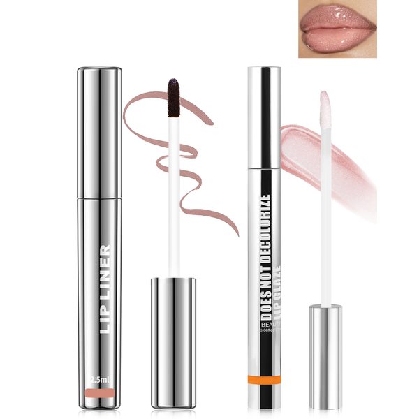 Peel Off Lip Liner Stain, Long Lasting Stay Waterproof Lip Tint Stain Peel Off, Brown Lip Liner Tattoo and Clear Glitter Lip Gloss Combo, Non-Stick Cup Nourishing Shimmer Lip Oil Lipstick Makeup-Set 3