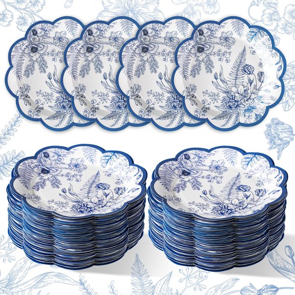 100 Pcs Blue Floral Paper Plates Disposable Dessert Plates Baby Bridal Shower Party Supplies Floral Dessert Plates Bulk Birthday Party Tea Party Serving Tray for Wedding Birthday Party Supplies