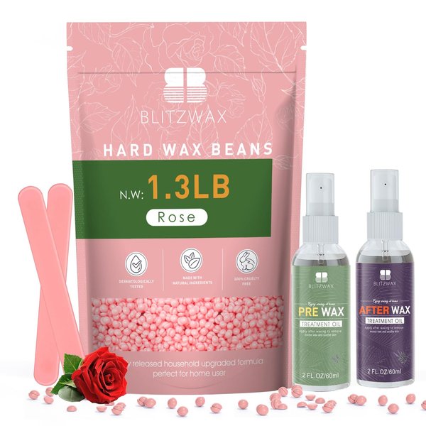 BLITZWAX Rose Wax Beads for Hair Removal 1.3lb Hard Wax Beans for Sensitive Skin, with 2 Silicone Sticks and 2 Pre&Post Waxing Oils for Bikini, Face and Brazilian, Suitable for Women Men at Home Salon