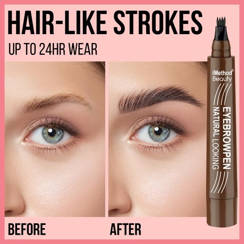 iMethod Microblading Eyebrow Pen - Eyebrow Pencil Magical Upgraded Eye Brow Pencils for Women with 4 Fork Tip & Spoolie Brush for Natural-Looking Hair-Like Defined Brows, Last All-Day, Light Brown