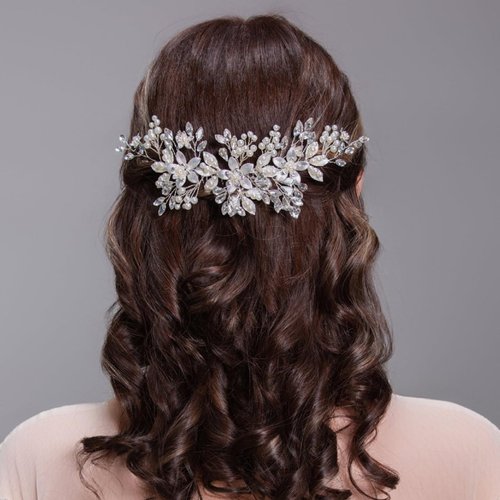 FUILUA Flower Bride Wedding Hair Piece Pearl Bridal Hair Comb Rhinestone Leaf Hair Accessories for Women and Girls