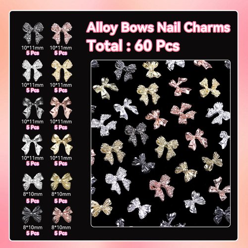 60 Pcs Metal Bow Nail Gems Charms, 3D Alloy Bow Bowkont Nail Charms for Acrylic Nails, 12 Styles Silver Gold Black Bows Nail Art Charms, Bow Nail Jewelry for Nails DIY Y2K Decoration