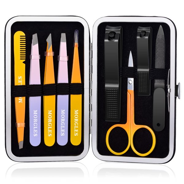 MORGLES Tweezers Set, Professional Nail Clippers and Tweezer Kit for Women and Men with Leather Travel Case, 9 Pack