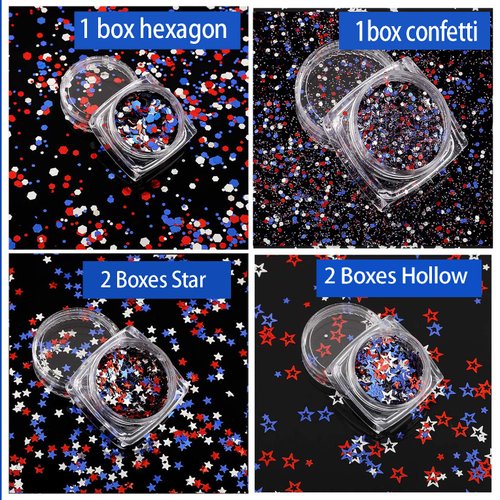 Independence Day Star Glitter 4th of July Nail Art Sequins,6 Boxes Holographic Nail Decals Mixed Star Hollow Hexagon Circles Confetti Shaped for Women Girls Face Body Nail Decoration