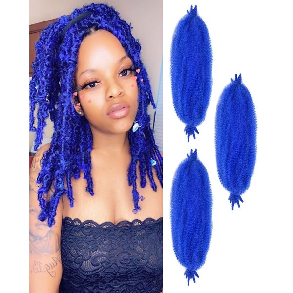 ADIASAI 3 Packs Blue Springy Afro Twist Hair with Crochet Hook, 16 Inch Pre-Separated Marley Crochet Braiding Hair for Distressed Soft Locs, Synthetic Hair Extension for Black Women
