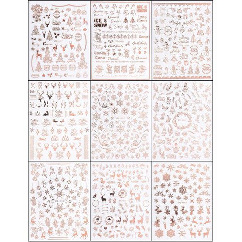 JMEOWIO 9 Sheets Christmas Nail Art Stickers Decals Self-Adhesive Pegatinas Uñas Navidad Rose Gold Winter Holiday Xmas Snowflake Nail Supplies Nail Art Design Decoration Accessories