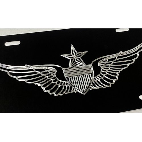 Engraved Senior Army Aviator Wings Car Tag Black & Silver Diamond Etched Aluminum Vanity License Plate
