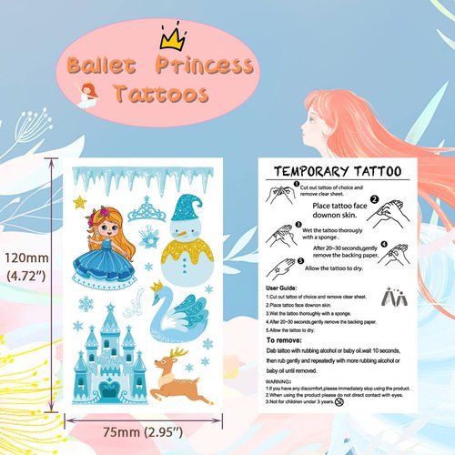 Princess Tattoos Temporary Small Glitter Ballerina for Kids Little Girls 18 Sheets, Aniuvot Ballet Dancing Girl Birthday Party Favors School Rewards