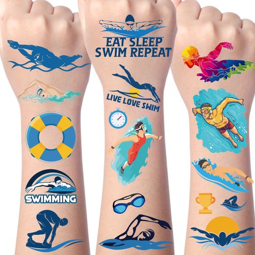 Yoyuspy Swimming Temporary Tattoos Stickers - 200+ Swim Temporary Tattoo Kids Party Decorations Sport Themed Party Favors Summer Tattoos Stickers Gifts Cool Summer Birthday Party Supplies Fake Tattoos