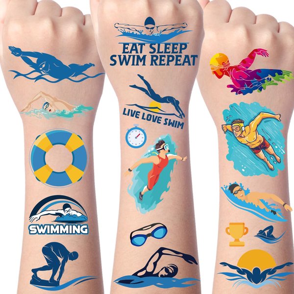 Yoyuspy Swimming Temporary Tattoos Stickers - 200+ Swim Temporary Tattoo Kids Party Decorations Sport Themed Party Favors Summer Tattoos Stickers Gifts Cool Summer Birthday Party Supplies Fake Tattoos