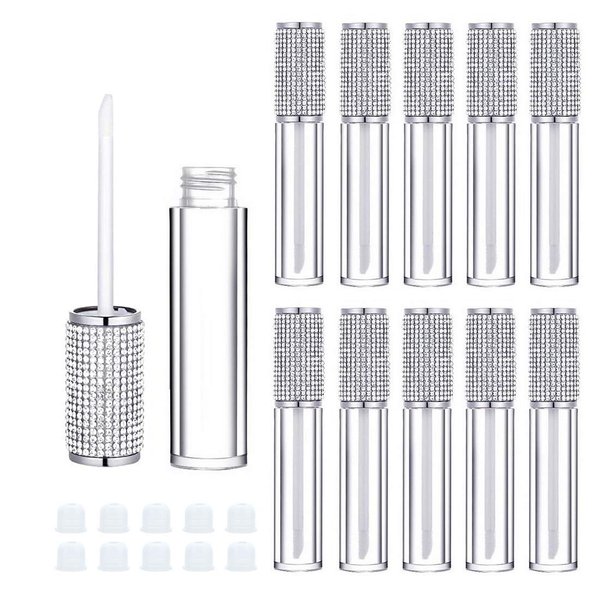 AJLTPA 10 Pack Crystal Rhinestone Lip Gloss Wand Tubes, 5ml Empty Lip Gloss Containers, Lipgloss Lip Balm Bottles with Rubber Stoppers for DIY Lip Glaze Balm Cosmetic Business (Silver Diamond)